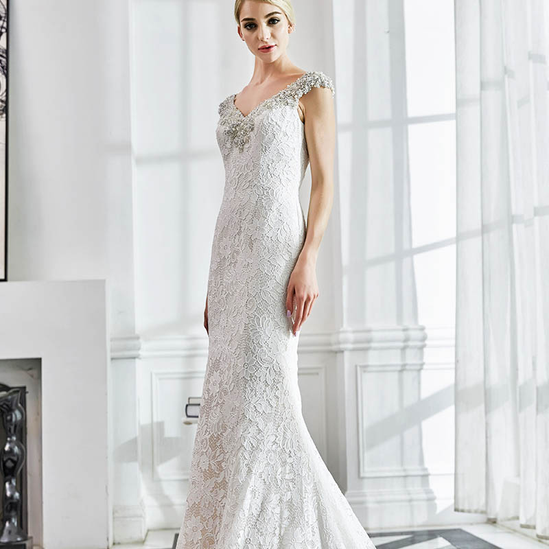 product-Brilliant V-neck lace beaded backless mermaid wedding dress-ROSA BRIDAL-img