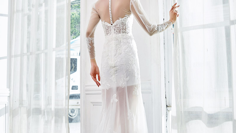 product-ROSA BRIDAL-Merak Stand collar princess sleeve pin bead sexy wedding dress-img
