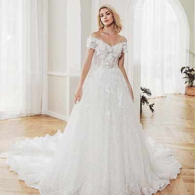 Rosabridal waiting court train off shoulder built in beading appliques lace up ball gown