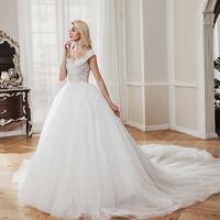 Court train O neck cap sleeves full beading lace ball gown with deep V backless
