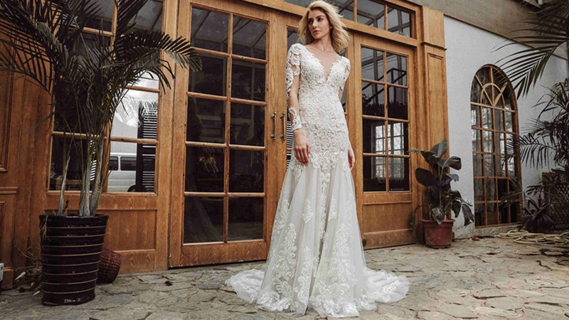 product-Rosabridal Jane Eyre long sleeves V neck backless beading lace mermaid wedding dress-ROSA BR