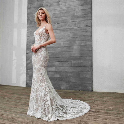 Rosabridal The Little Mermaid sexy Deep V backless lace appliques wedding dress