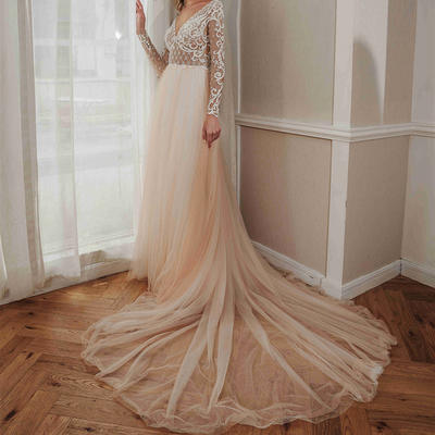 Rosabridal <Beauty> France deep V Geometric grid lace appliques nude A line wedding dress