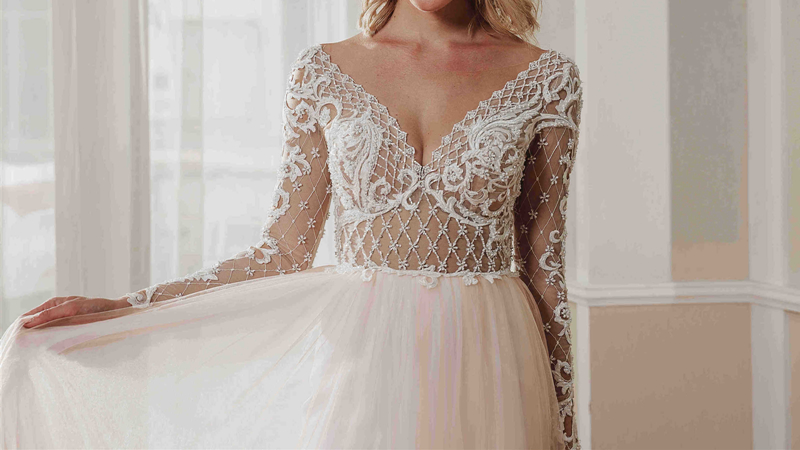 product-ROSA BRIDAL-Rosabridal France deep V Geometric grid lace appliques nude A line wedding dres